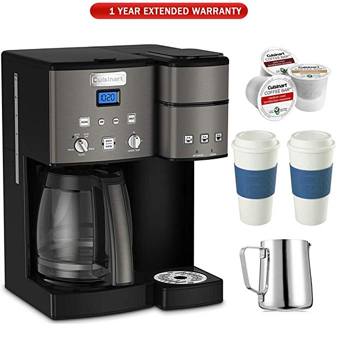 Cuisinart SS-15 12-Cup Coffee Maker and Single-Serve Brewer (Black), Stainless with K Cups, Carafe, To Go Cups and Extended Warranty