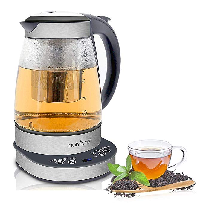 NutriChef Electric Glass Water Kettle - 1.7L Original Clear Digital Automatic Heater Warmer Kit Set w/Temperature Control, Timer, LED, Lid Cover, Accessories - For Boiling, Brewing Hot Tea - PKTM15