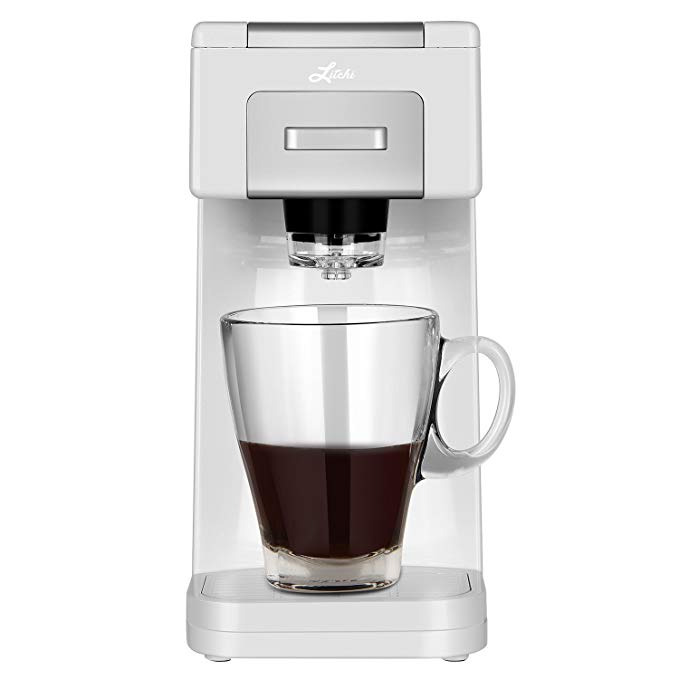 Litchi Single Serve Coffee Maker for Most Single Cup Pods Including K Cup Pods, Ground Coffee, 40oz Detachable Water Tank Coffee Machine - 4oz, 8oz, or Custom Brew Size - White