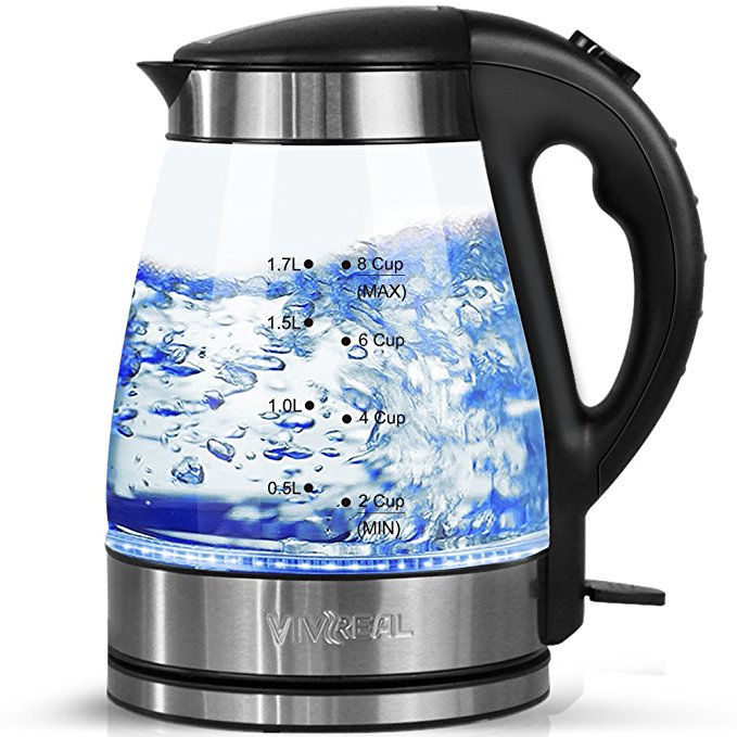 VIVREAL Electric Kettle - Water Kettle Tea Kettle Electric Tea Kettle, 57Oz, 1.7L Fast Heating Glass Electric Kettle with Blue Led, Borosilicate Glass, Boil Dry Protection & Automatic Shutoff