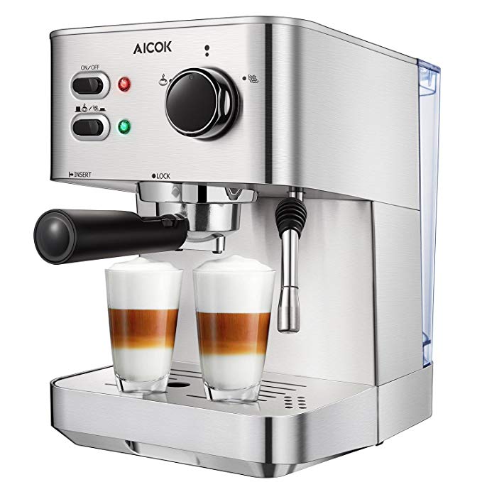 AICOK Espresso Machine, Cappuccino Maker, Latte Coffee Maker, Moka Maker, Espresso Maker with Milk Frother, 15 Bar Pump, 1050W, Stainess Steel