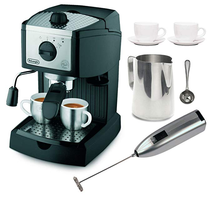 DeLonghi EC155 15 BAR Pump Espresso and Cappuccino Maker with Coffee Measure, Milk Frother, Two 3 oz Ceramic Tiara Espresso Cups and Saucers, and Frothing Pitcher