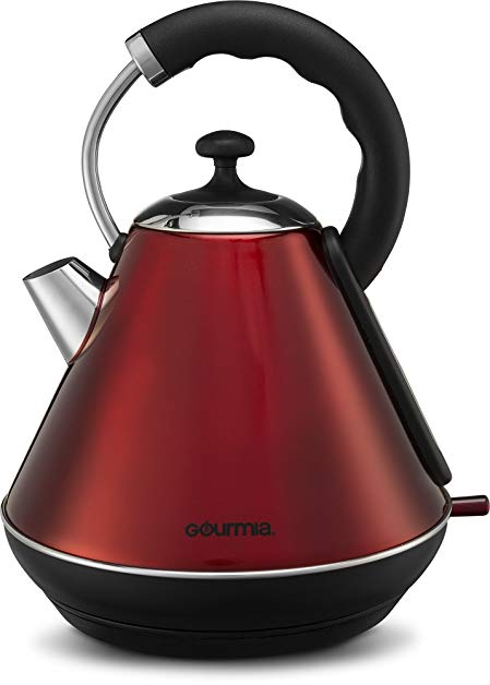 Gourmia GK270 Electric Retro Kettle - Fast Water Boiling - Rear Water Gauge - Cordless Carry - 360° Swivel Base - Auto Shut Off - Boil Dry Protection - 1.8L / 2 Qt - 1500W - Red/Stainless Steel