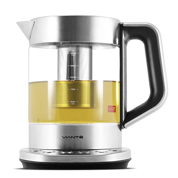 Viante KET-100 Electric Glass Tea Maker Kettle with removable Tea Infuser. 4 Pre-Set Programs. Fast Boil Feature. BPA-Free–Temp Tech Glass Body. Stainless Steel Finish. 1.7 Liter Capacity. Cordless