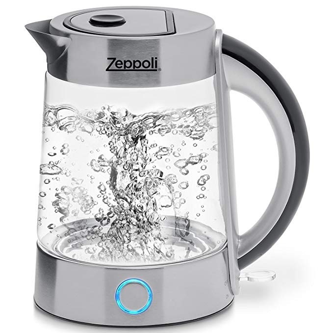 Zeppoli Electric Kettle (BPA Free) - Fast Boiling Glass Tea Kettle (1.7L) Cordless, Stainless Steel Finish Hot Water Kettle – Glass Tea Kettle, Tea Pot – Hot Water Heater Dispenser