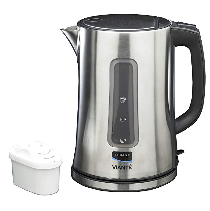 Vianté CAF-20K Stainless Steel Electronic Water Filter Kettle with MAVEA Built-in Fast Flow Filter technology. Filters and Boils water at the same time - 1.7 L capacity. Blue LED light. Auto shut off.