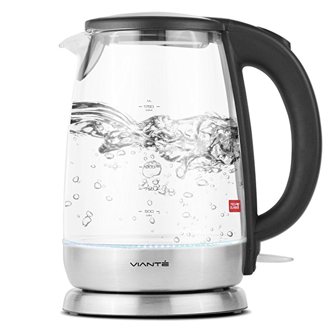 Viante KET-10 Electric Glass Fast Boiling Water Kettle. BPA Free – Temp Tech Glass Body. 1.7 Liter Capacity. Stainless Steel Finish. Cordless. Ideal for Tea, Pour Over Coffee, Hot Chocolate & More