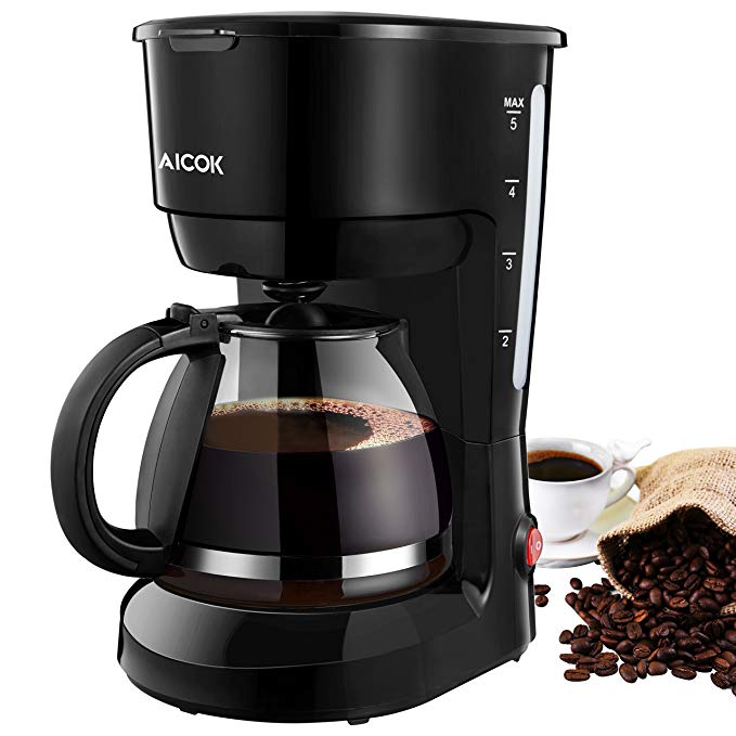 Coffee Maker, Aicok 5-Cup Black Instant Coffee Pot Maker Machine with Glass Carafe and One Touth Button, Drip Coffee Machine Maker with Quick Brew Technology, 600W