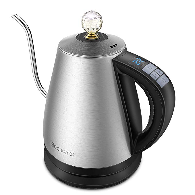 Electric Kettle with 12 Settings Variable Temperature Control, Gooseneck tea Kettle with LCD Display,304 Stainless Steel Body, Crystal Lid Knob, 1.2L, for Drip Coffee and Tea,CK1201 by ELECHOMES