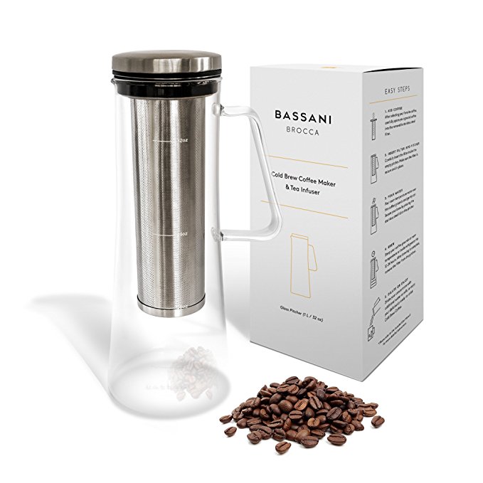 Airtight Cold Brew Iced Coffee Maker and Tea Infuser with Spout | Brocca by Bassani | 1.0L / 32oz Glass Carafe with Stainless Steel Removable and Reusable Filter