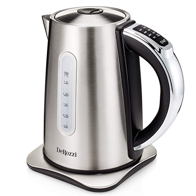 DeRozzi Stainless Steel Electric Kettle for Tea Water Pot with 6 Temperature Control Variable Heat Settings Cordless 1.7 Liter