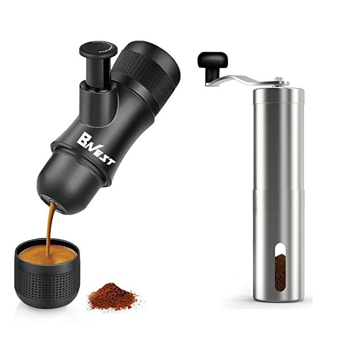 Portable Mini Espresso Maker& Coffee Grinder Christmas Gift Set,VDS Hand Held Pressure Caffe Espresso Machine,Coffee Maker and Manual Coffee Grind for Outdoor,Office,Travel or Morning Ground Coffee