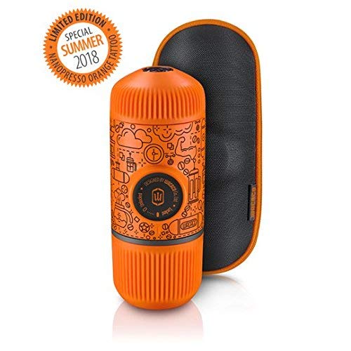Wacaco Nanopresso Portable Espresso Maker bundled with Protective Case, Orange Tattoo Patrol Edition, 18 Bar Pressure, Extra Small Travel Coffee Maker, Manually Operated Perfect for Kitchen and Office